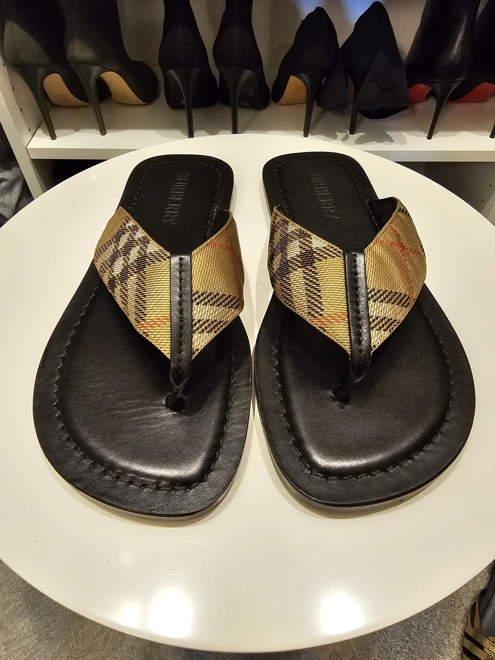 Burberry Black & Tan Plaid Thong Sandals